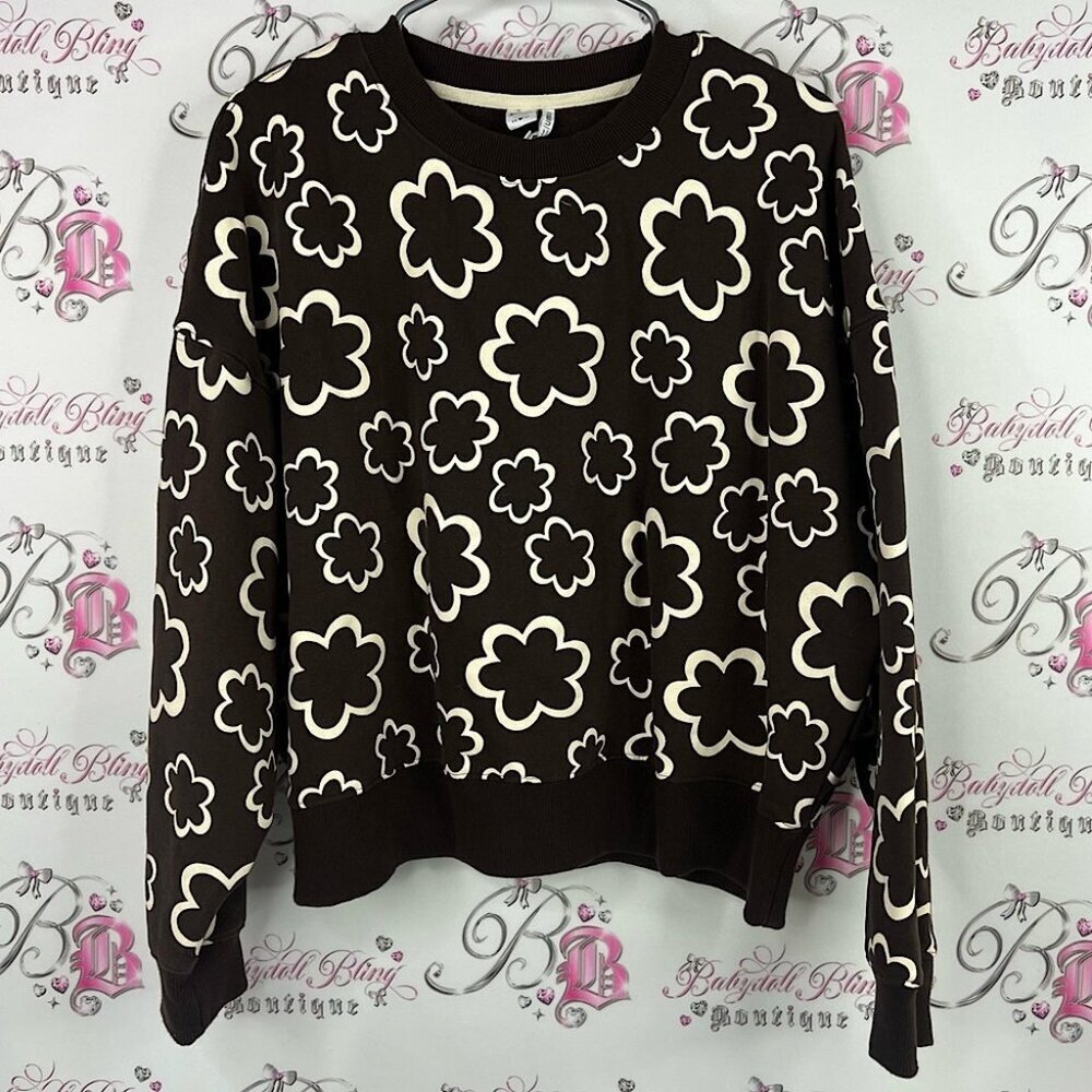 Twik sweater Floral flower Patterned Brown and Cream Sweater soft cozy